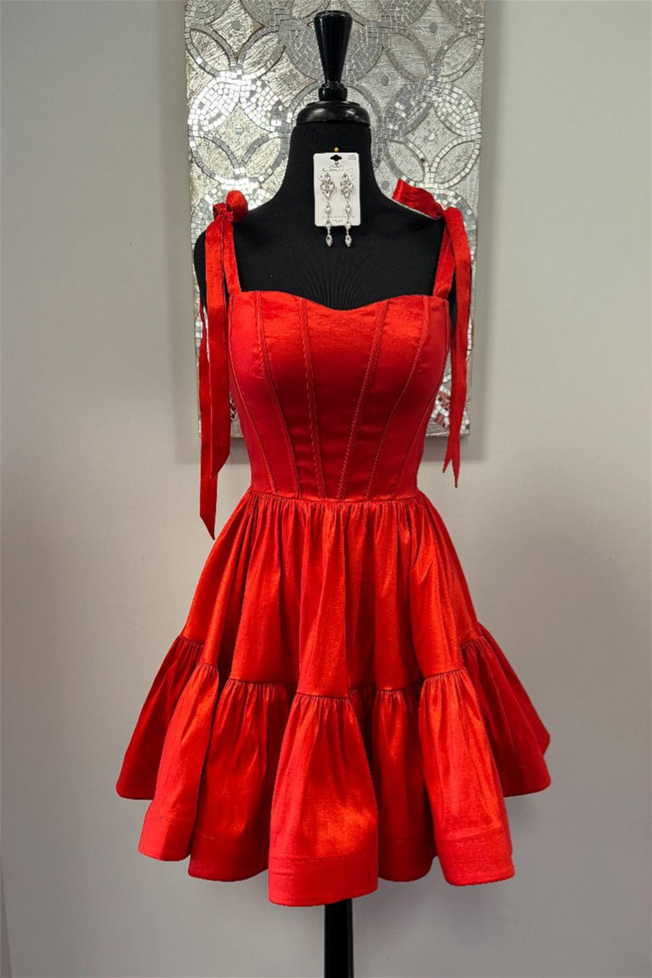 Tie Shoulder Red Ruffled Short Homecoming Dress