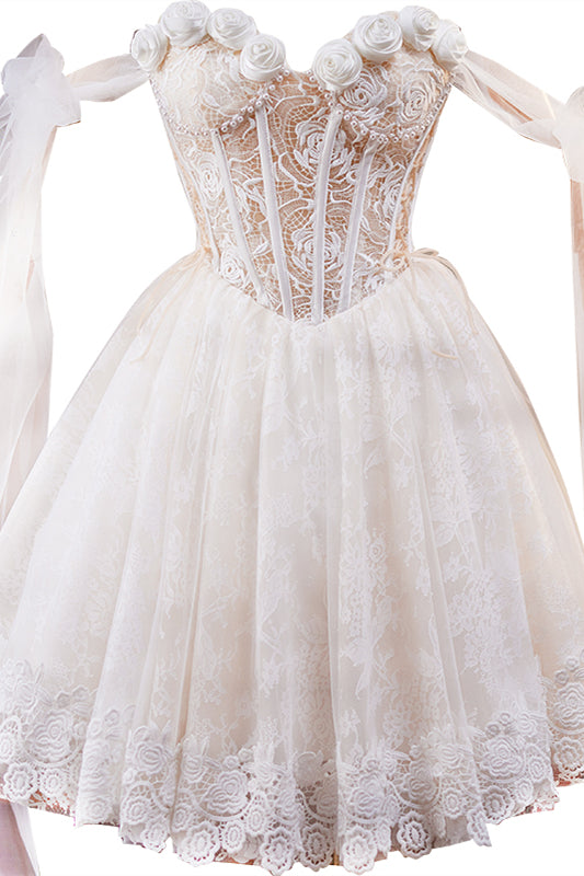 
                      
                        Tie Shoulder White Rosette Lace Short Dress
                      
                    