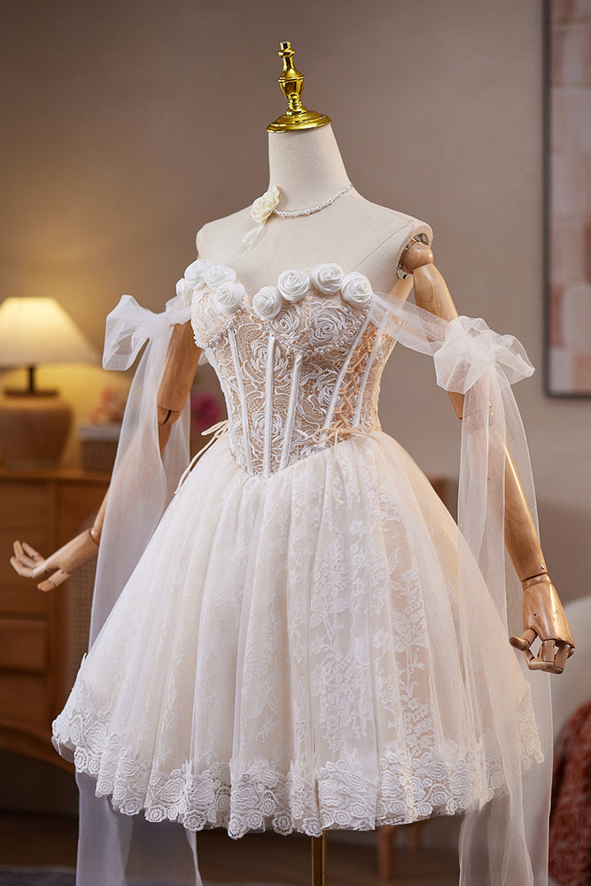 
                      
                        Tie Shoulder White Rosette Lace Short Dress
                      
                    
