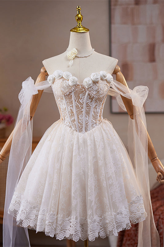 Tie Shoulder White Rosette Lace Short Dress