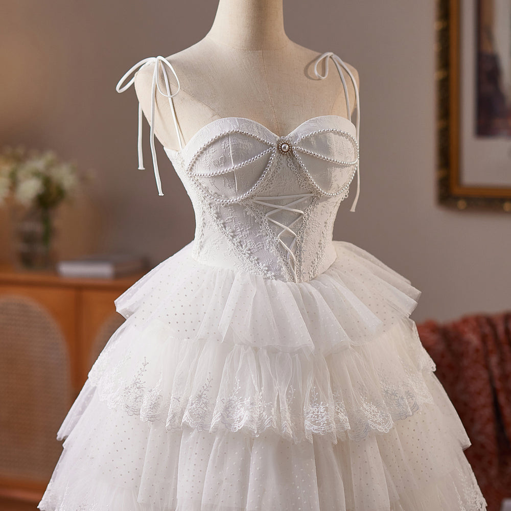 
                      
                        Tie Shoulder White Tiered Short Dress with Pearls
                      
                    