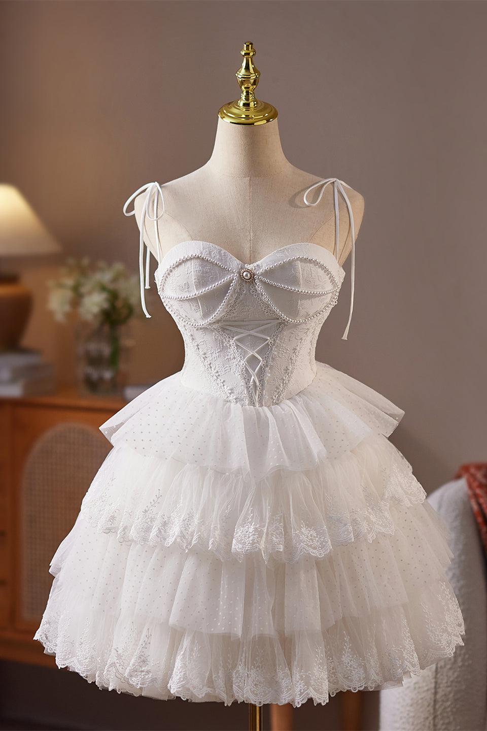 Tie Shoulder White Tiered Short Dress with Pearls