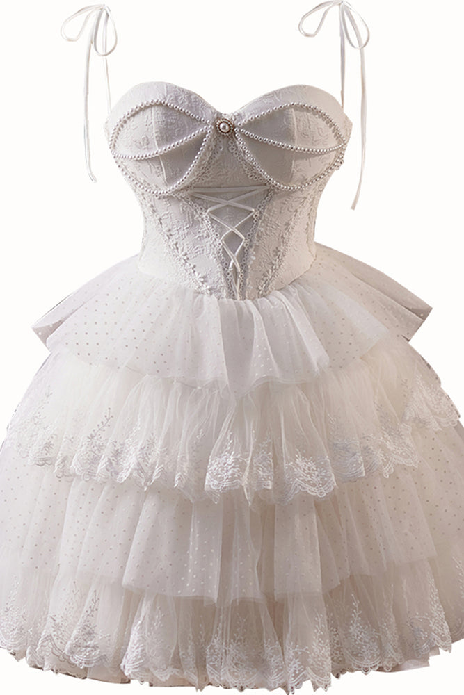 
                      
                        Tie Shoulder White Tiered Short Dress with Pearls
                      
                    