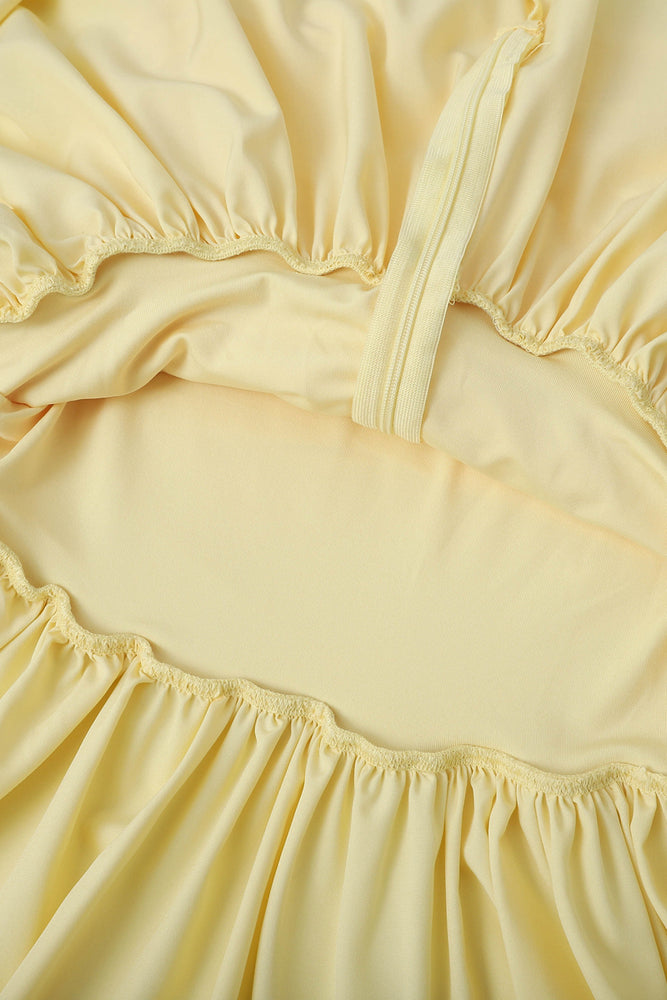 
                      
                        Tie Shoulder Yellow Ruched A-line Short Dress
                      
                    