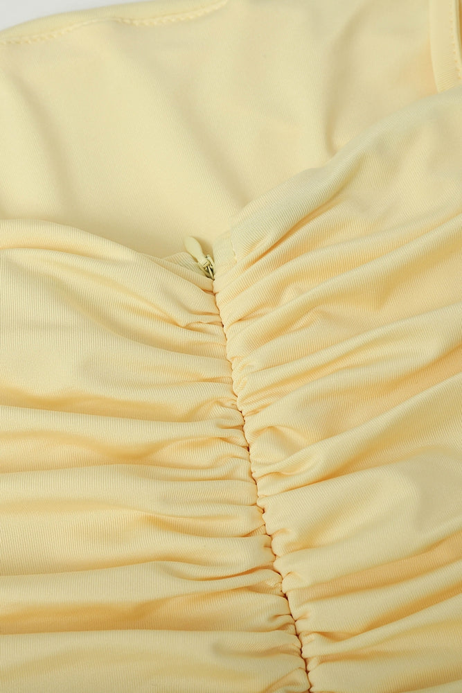 
                      
                        Tie Shoulder Yellow Ruched A-line Short Dress
                      
                    