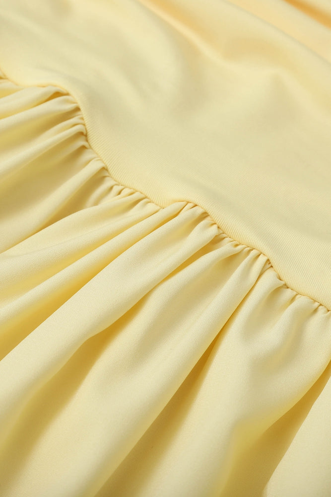 
                      
                        Tie Shoulder Yellow Ruched A-line Short Dress
                      
                    