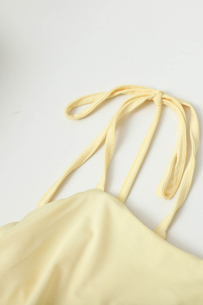 
                      
                        Tie Shoulder Yellow Ruched A-line Short Dress
                      
                    