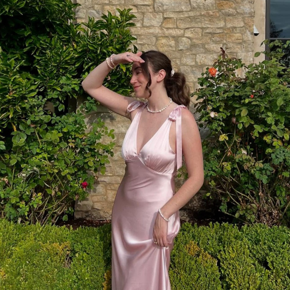 
                      
                        Tie Straps Baby Pink Ruched Bust Long Dress
                      
                    
