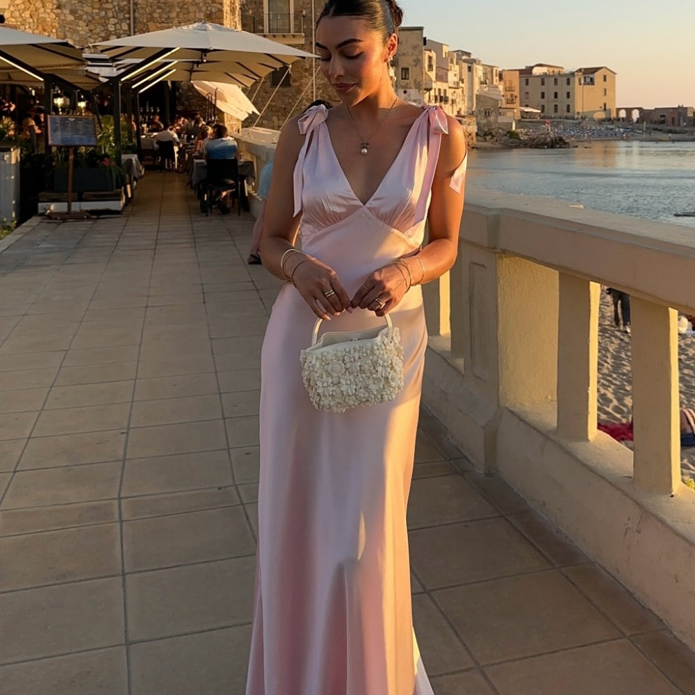 
                      
                        Tie Straps Baby Pink Ruched Bust Long Dress
                      
                    