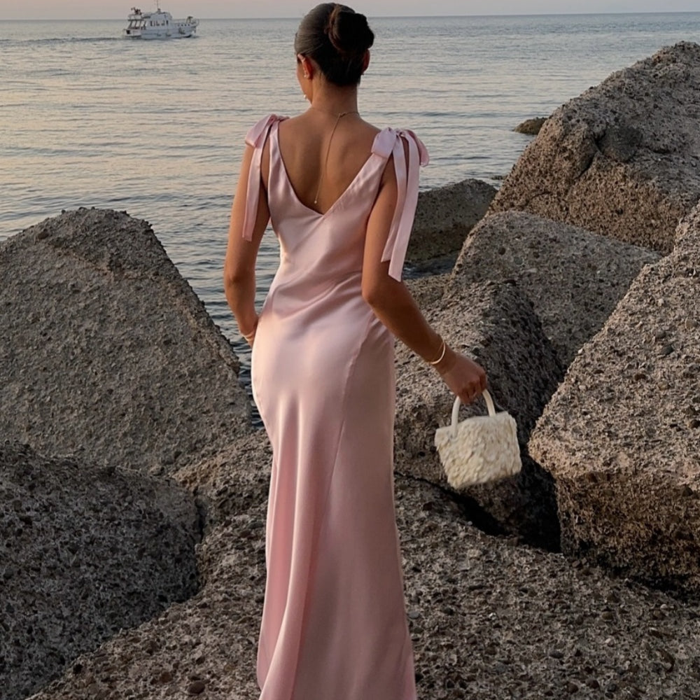 
                      
                        Tie Straps Baby Pink Ruched Bust Long Dress
                      
                    