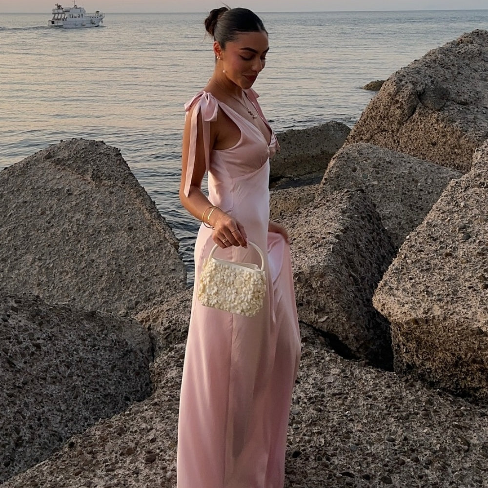 
                      
                        Tie Straps Baby Pink Ruched Bust Long Dress
                      
                    