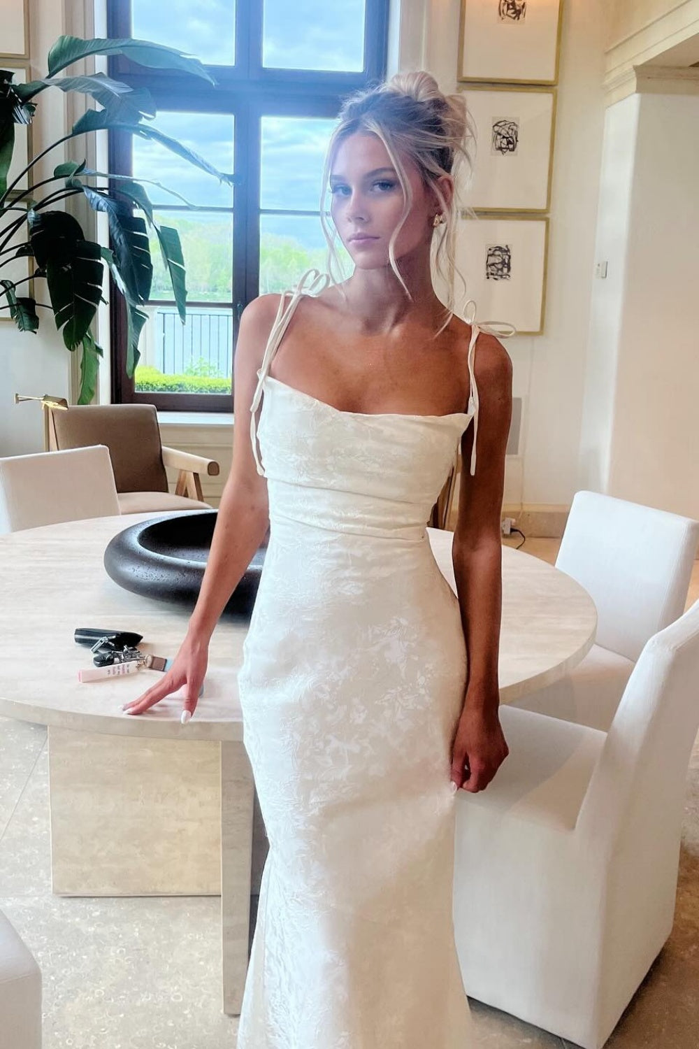 Tie Straps Ivory Floral Jacquard Mermaid Maxi Dress