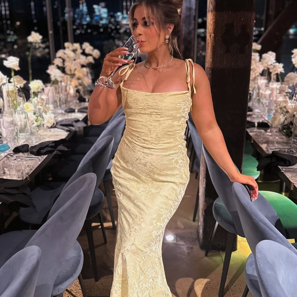 
                      
                        Tie Straps Ivory Floral Jacquard Mermaid Maxi Dress
                      
                    