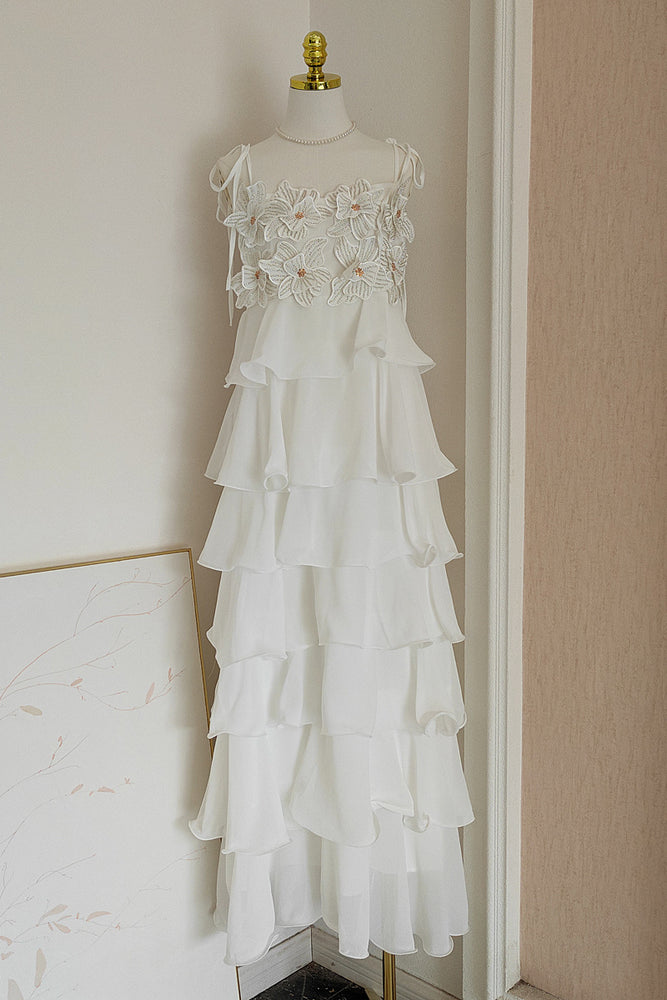
                      
                        Tie Shoulder Lilac 3D Floral Ruffled Hem Long Dress
                      
                    