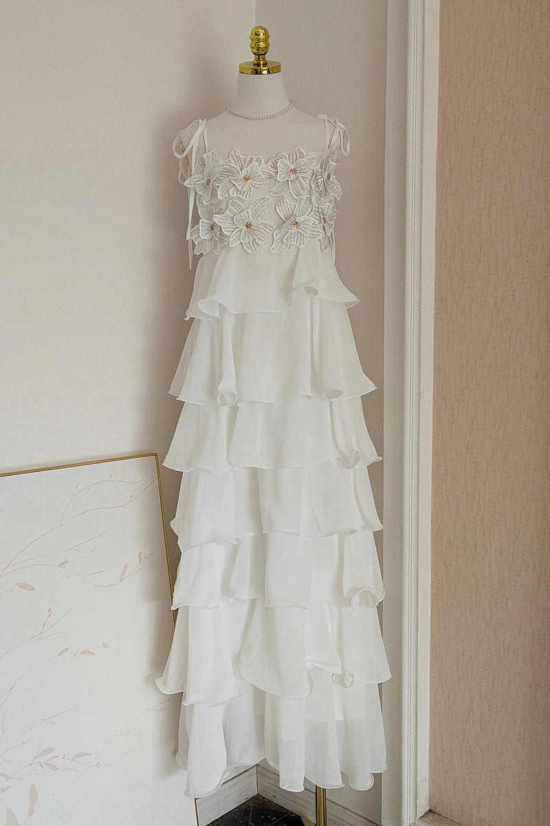 Tie Shoulder Lilac 3D Floral Ruffled Hem Long Dress