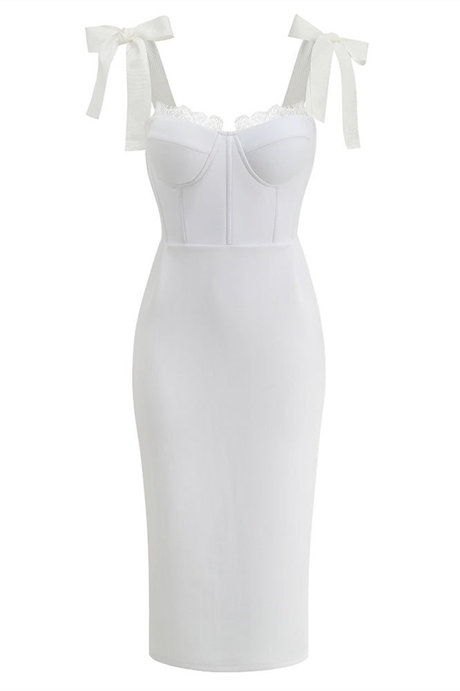 Tie Shoulder Straps White Sheath Maxi Dress