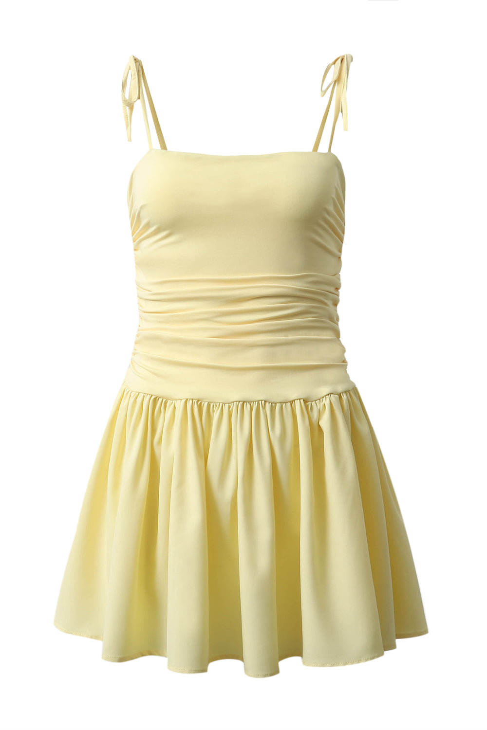 Tie Shoulder Yellow Ruched A-line Short Dress