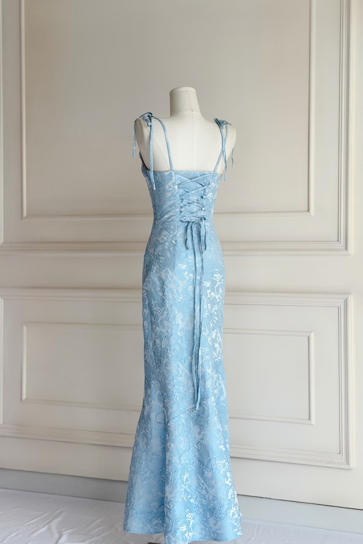 Tie Straps Ivory Floral Jacquard Mermaid Maxi Dress