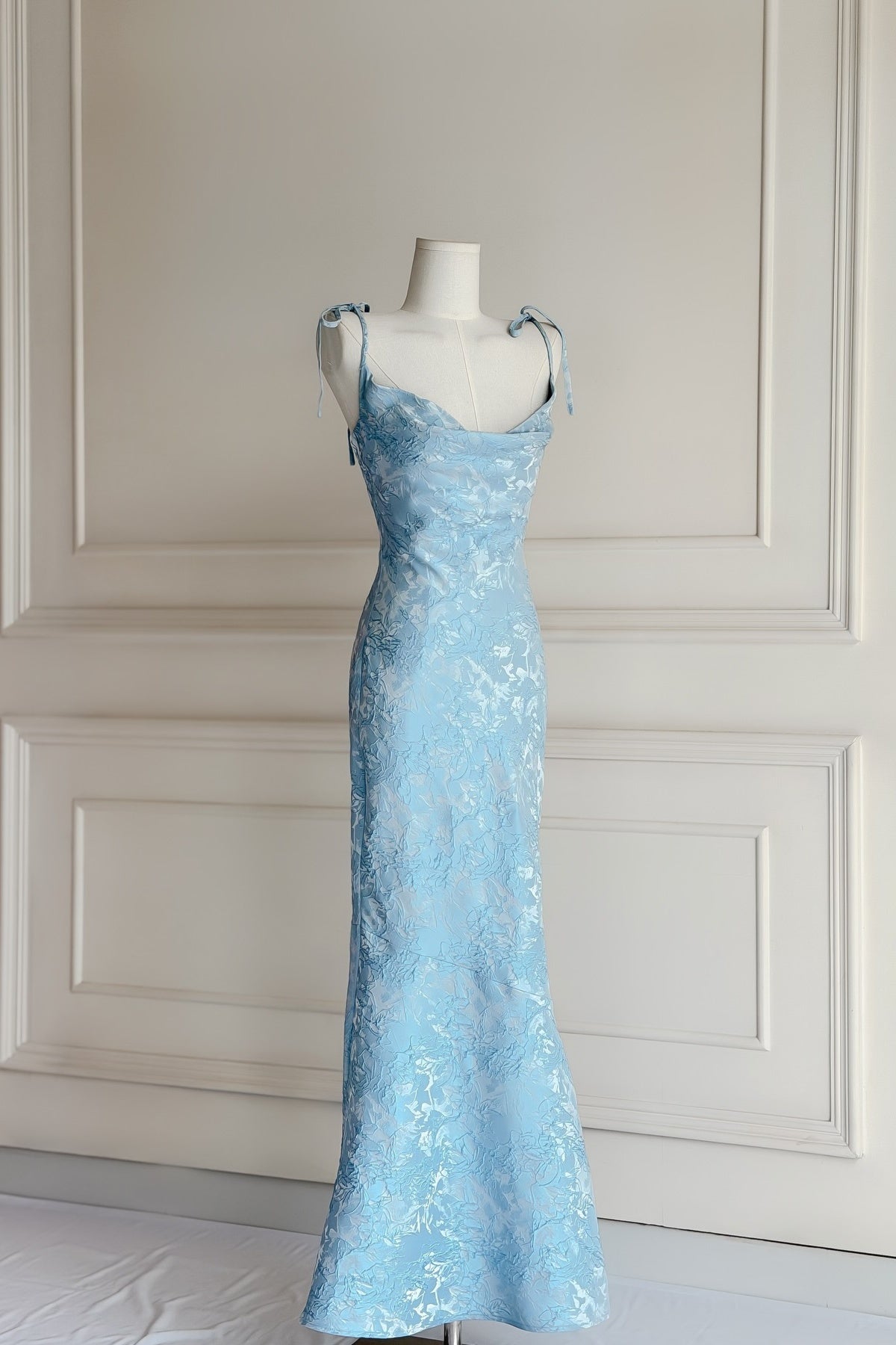 Tie Straps Ivory Floral Jacquard Mermaid Maxi Dress