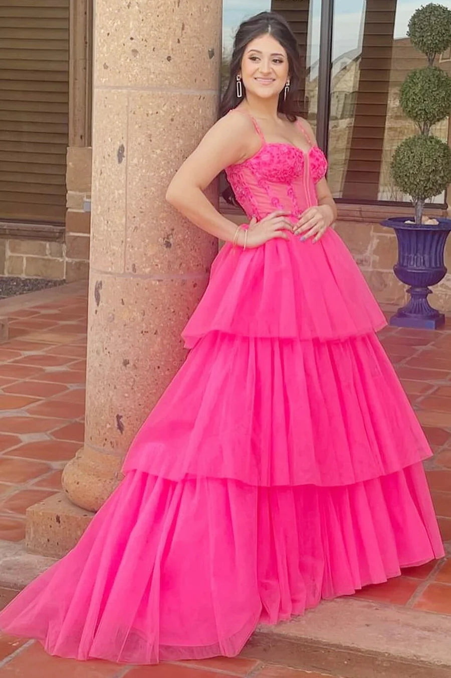 Straps Pink Sequin Tiered A-line Long Dress