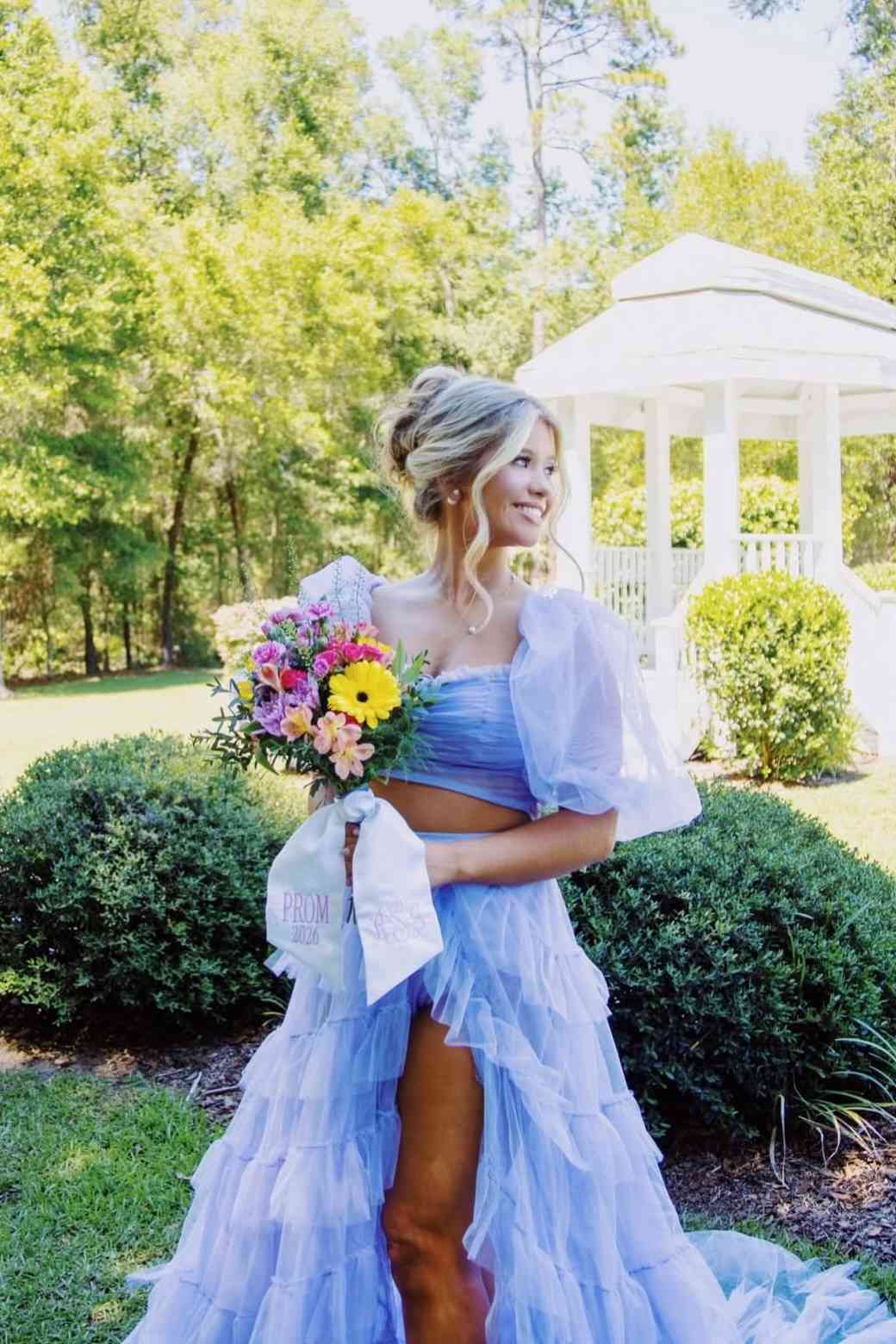 Two-Piece Pink Ruffle Tiered A-line Long Dress