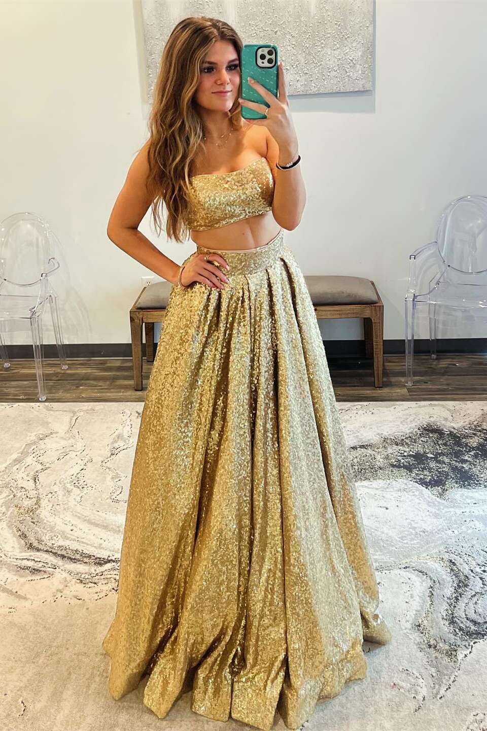 Two Piece Gold Sequin Pleated A-line Long Dress