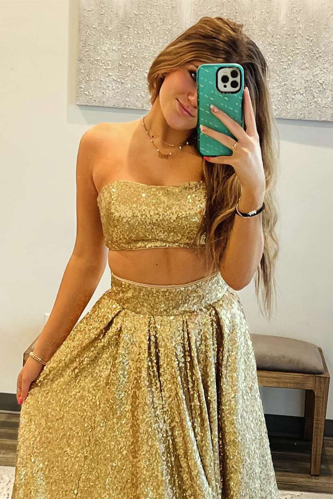 
                      
                        Two Piece Gold Sequin Pleated A-line Long Dress
                      
                    