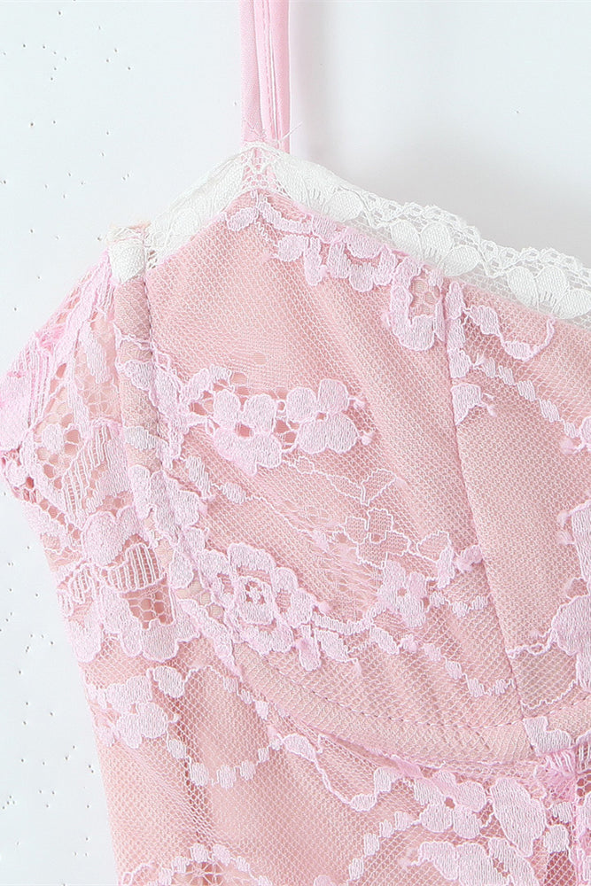 
                      
                        Two Piece Pink Lace Mini Dress with Long Sleeves
                      
                    