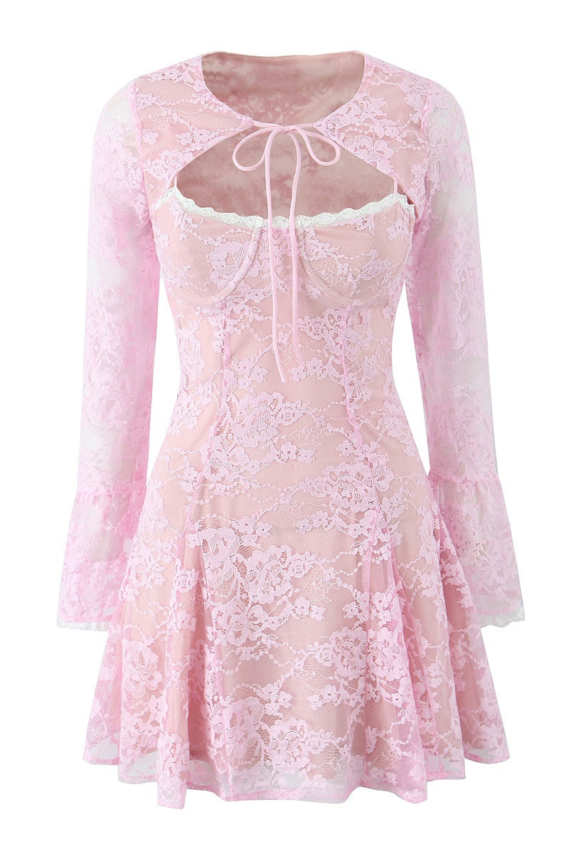 Two Piece Pink Lace Mini Dress with Long Sleeves