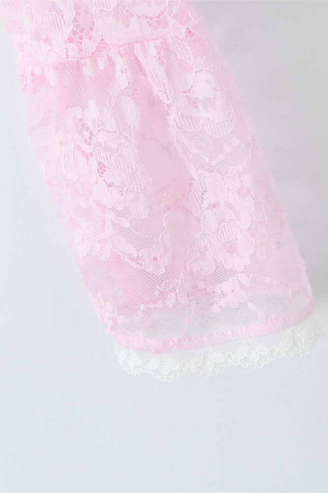 
                      
                        Two Piece Pink Lace Mini Dress with Long Sleeves
                      
                    