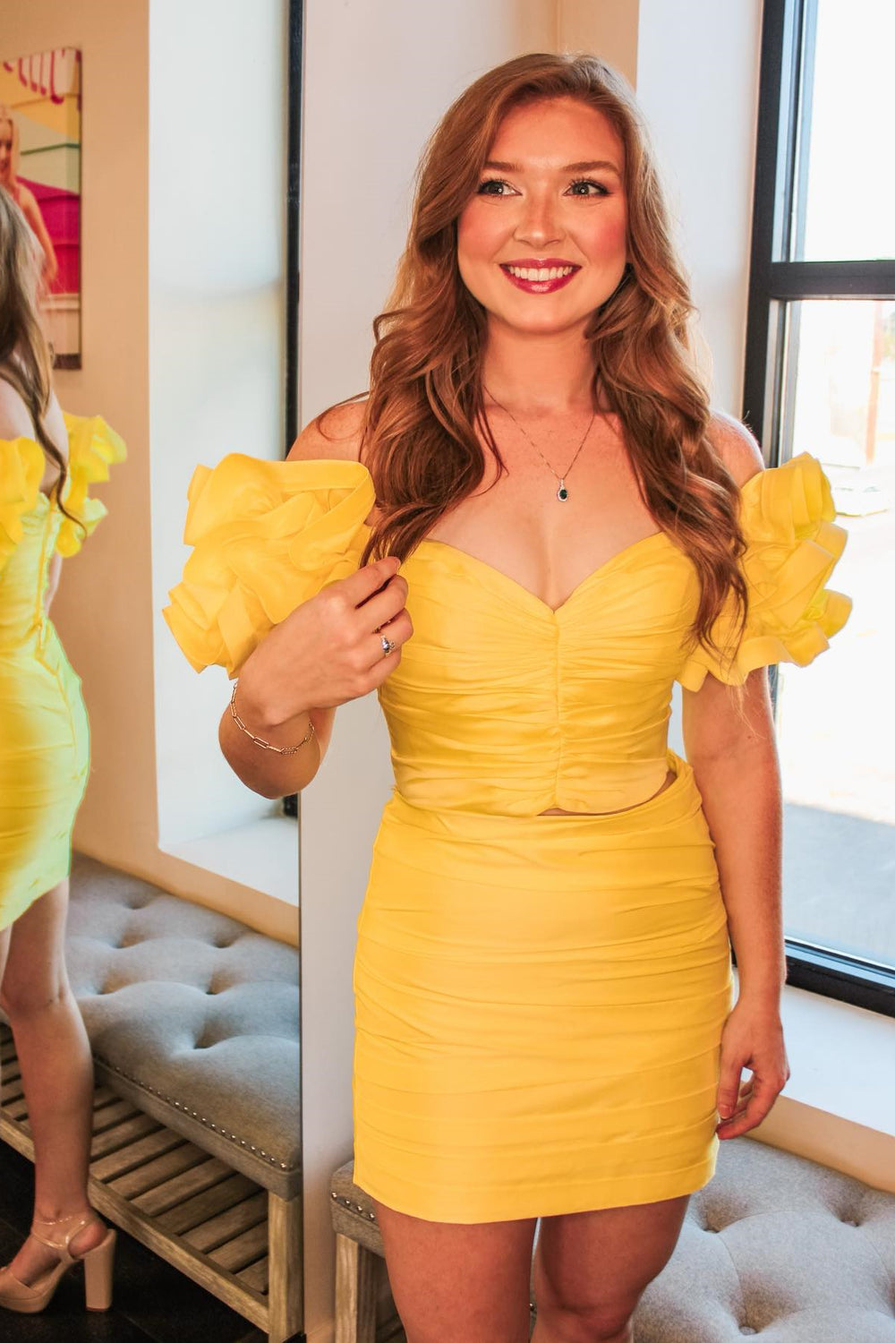 Two Piece Yellow Ruffle Sleeves Short Dress