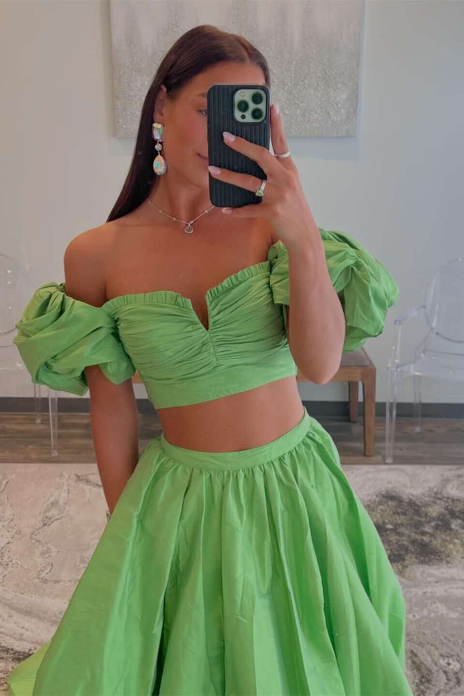 
                      
                        Two Pieces Green Back Tie A-line Long Dress
                      
                    