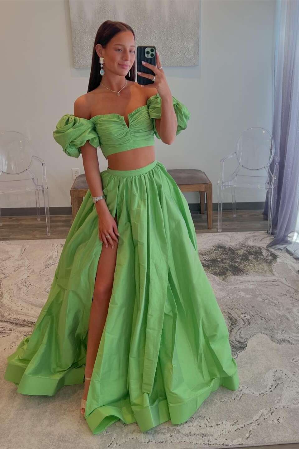 Two Pieces Green Back Tie A-line Long Dress