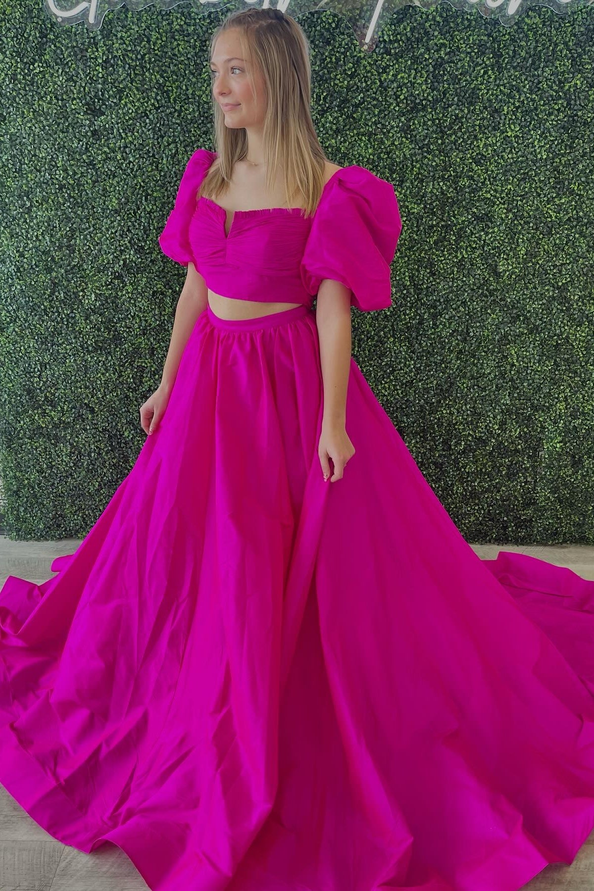 Two Pieces Green Back Tie A-line Long Dress