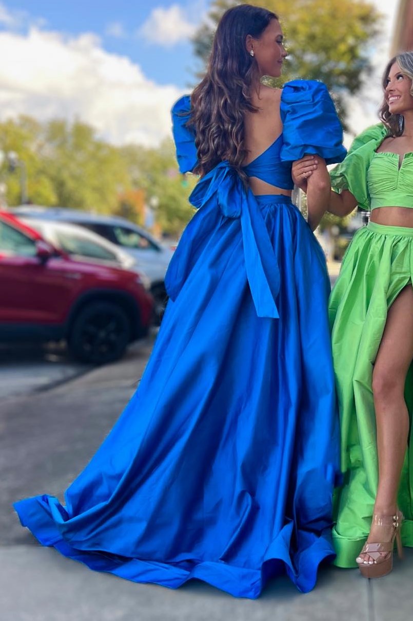 Two Pieces Green Back Tie A-line Long Dress