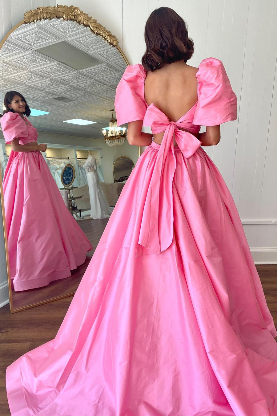 Two Pieces Green Back Tie A-line Long Dress