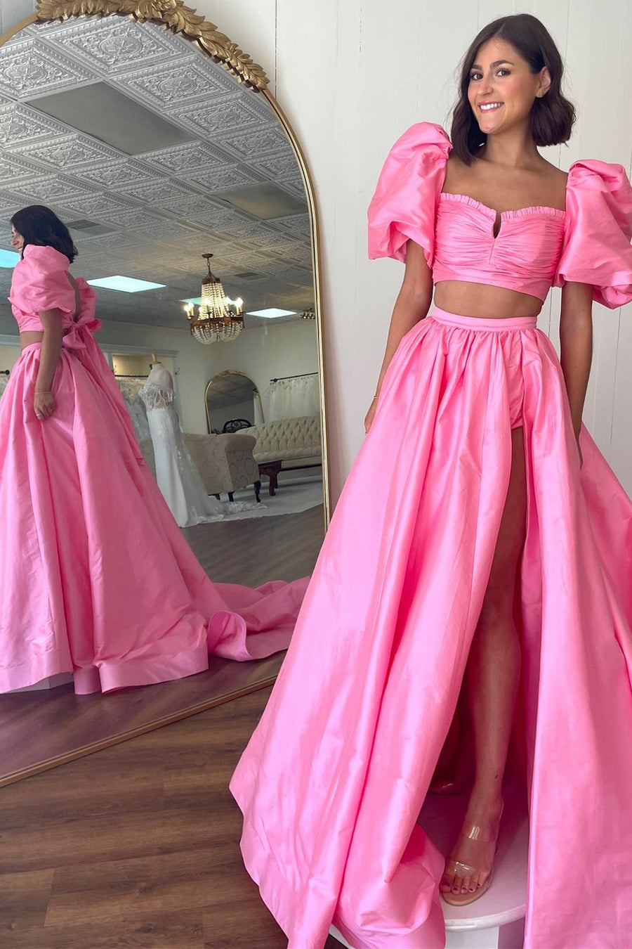 Two Pieces Green Back Tie A-line Long Dress