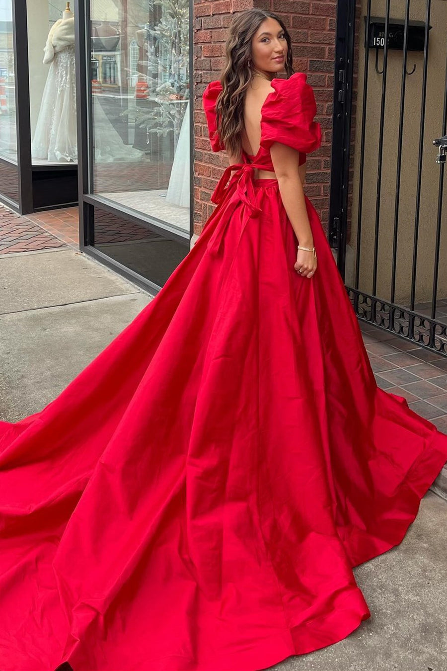 Two Pieces Green Back Tie A-line Long Dress