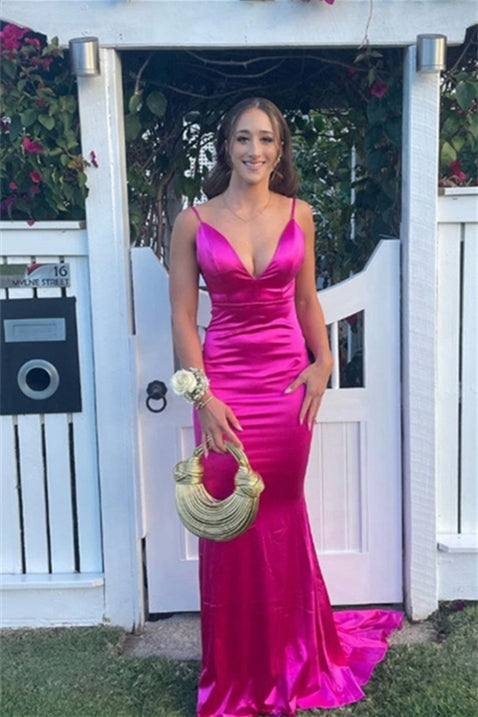 V-Neck Hot Pink Open Back Mermaid Long Dress