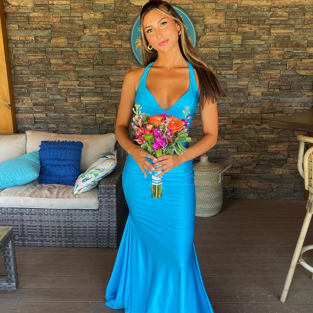 
                      
                        V-neck Aqua Open Back Ruched Mermaid Long Dress
                      
                    