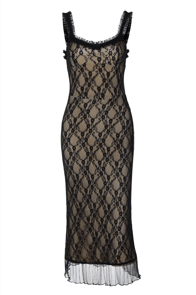 V-neck Black Bow Front Lace Maxi Dress