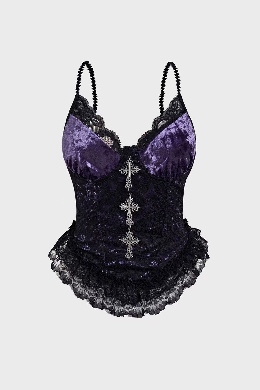 V-neck Black and Purple Cross Lace Splice Velvet Top