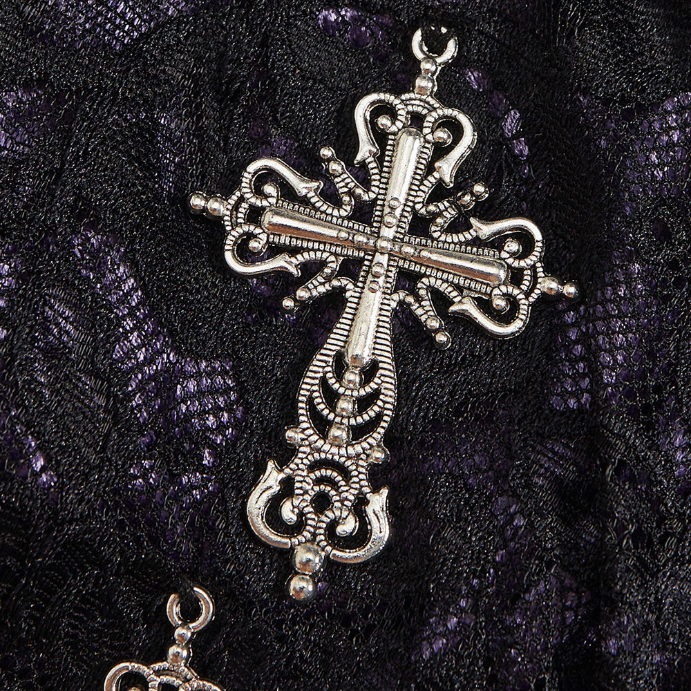 
                      
                        V-neck Black and Purple Cross Lace Splice Velvet Top
                      
                    