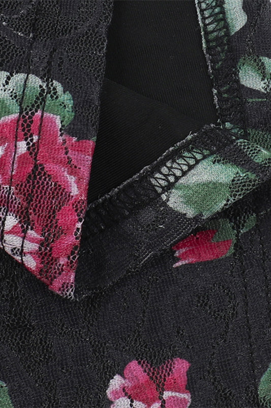 
                      
                        V-neck Black Floral Print Lace Short Dress
                      
                    