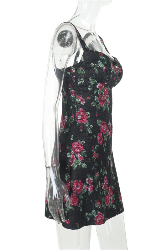 
                      
                        V-neck Black Floral Print Lace Short Dress
                      
                    