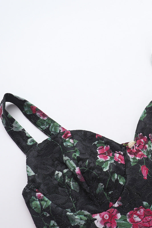 
                      
                        V-neck Black Floral Print Lace Short Dress
                      
                    