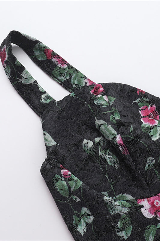 
                      
                        V-neck Black Floral Print Lace Short Dress
                      
                    