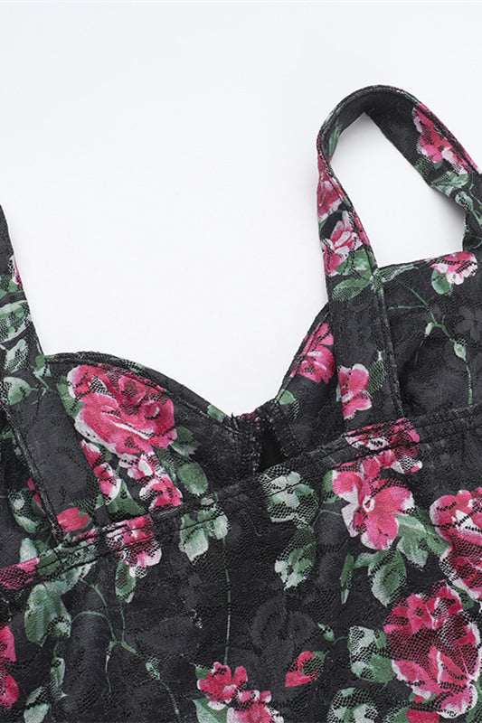 
                      
                        V-neck Black Floral Print Lace Short Dress
                      
                    