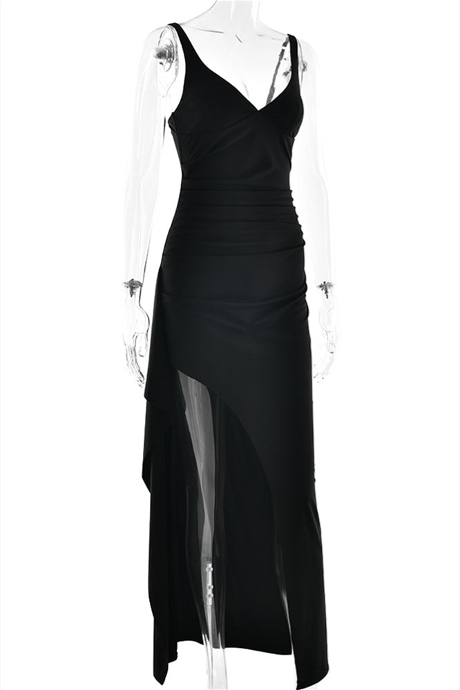 
                      
                        V-neck Black Ruched Long Dress with Slit
                      
                    