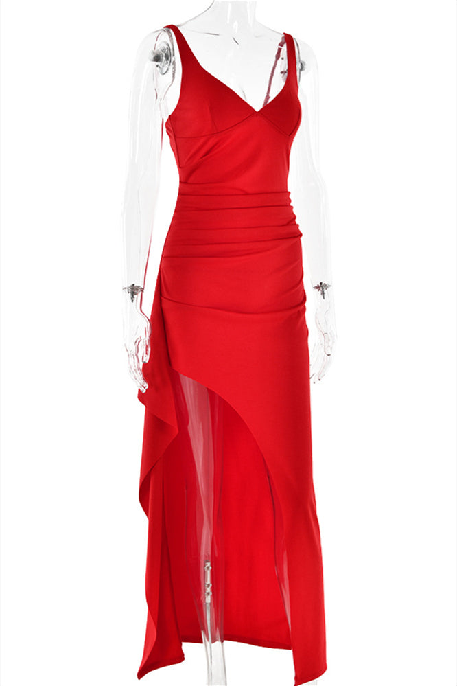 
                      
                        V-neck Black Ruched Long Dress with Slit
                      
                    
